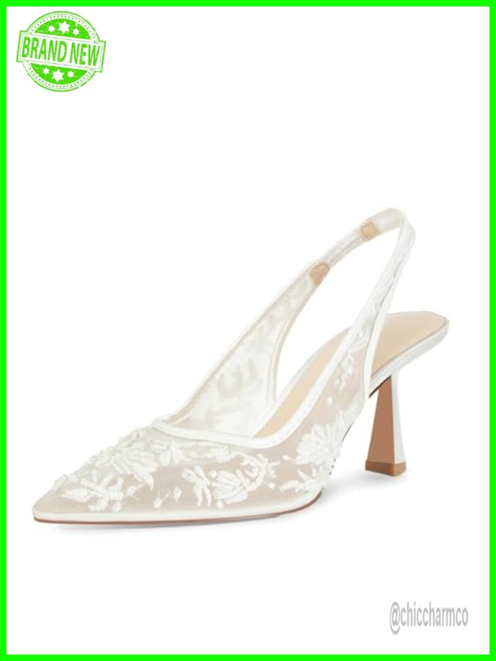 Wedding Pumps with Kitten Heel Lace Mesh Slingback Embroidered Bridal Shoes